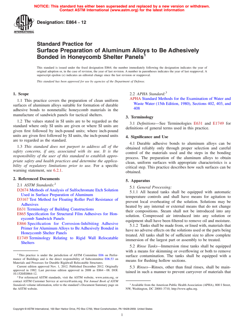 ASTM E864-12 - Standard Practice for  Surface Preparation of Aluminum Alloys to Be Adhesively Bonded  in Honeycomb Shelter Panels