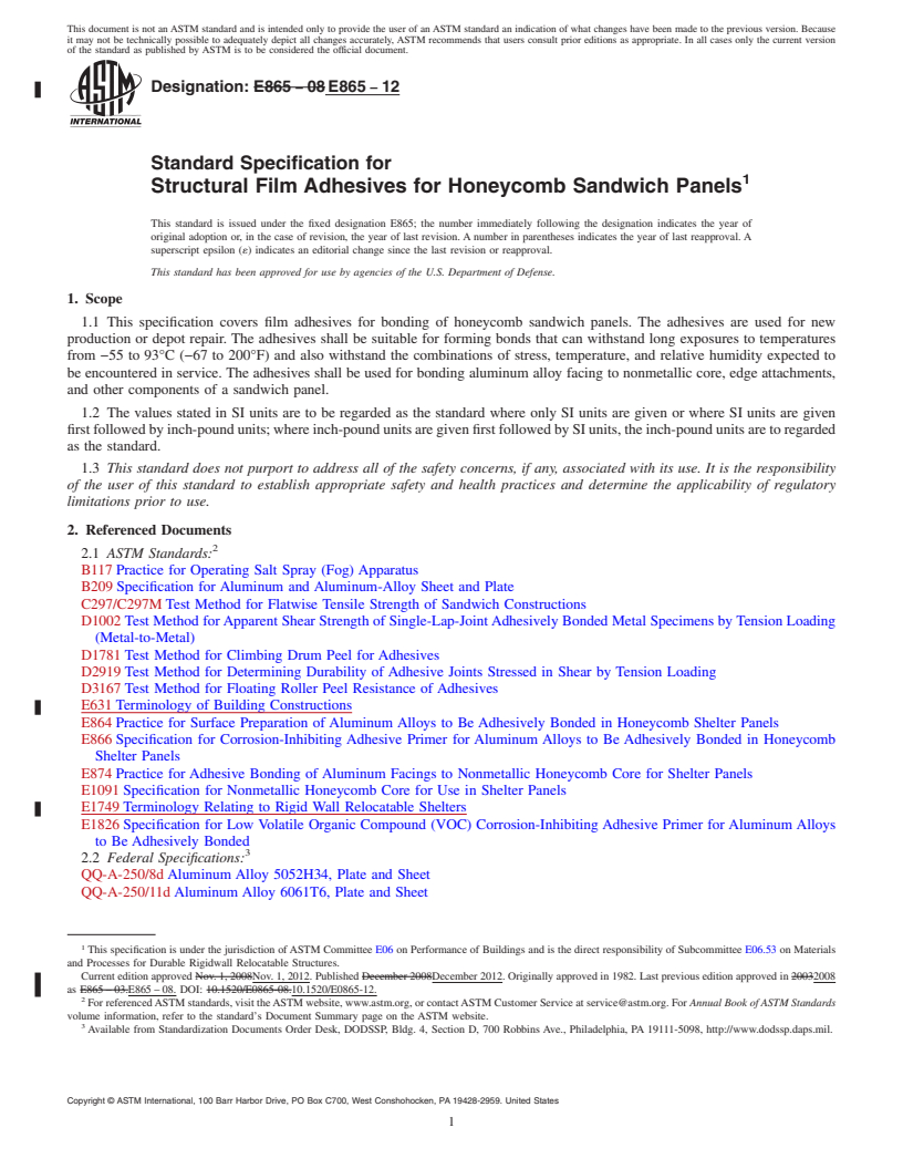 REDLINE ASTM E865-12 - Standard Specification for  Structural Film Adhesives for Honeycomb Sandwich Panels