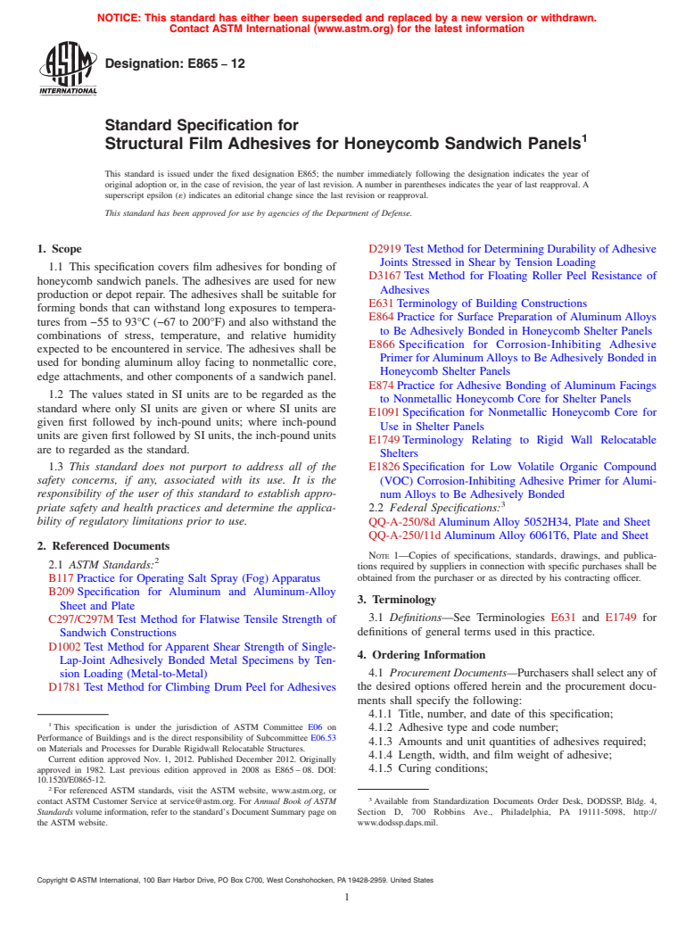 ASTM E865-12 - Standard Specification for  Structural Film Adhesives for Honeycomb Sandwich Panels