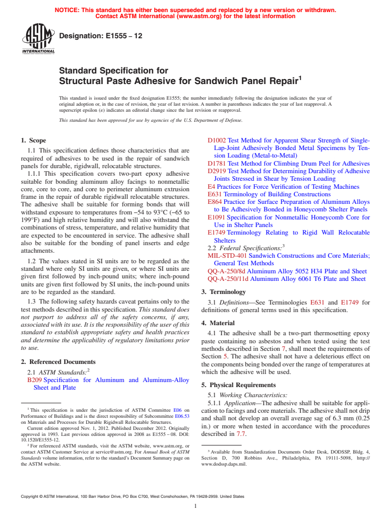 ASTM E1555-12 - Standard Specification for  Structural Paste Adhesive for Sandwich Panel Repair