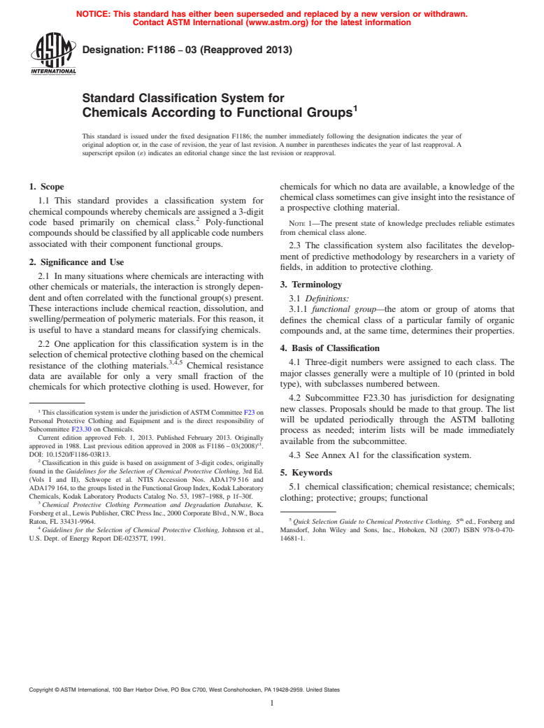 ASTM F1186-03(2013) - Standard Classification System for  Chemicals According to Functional Groups