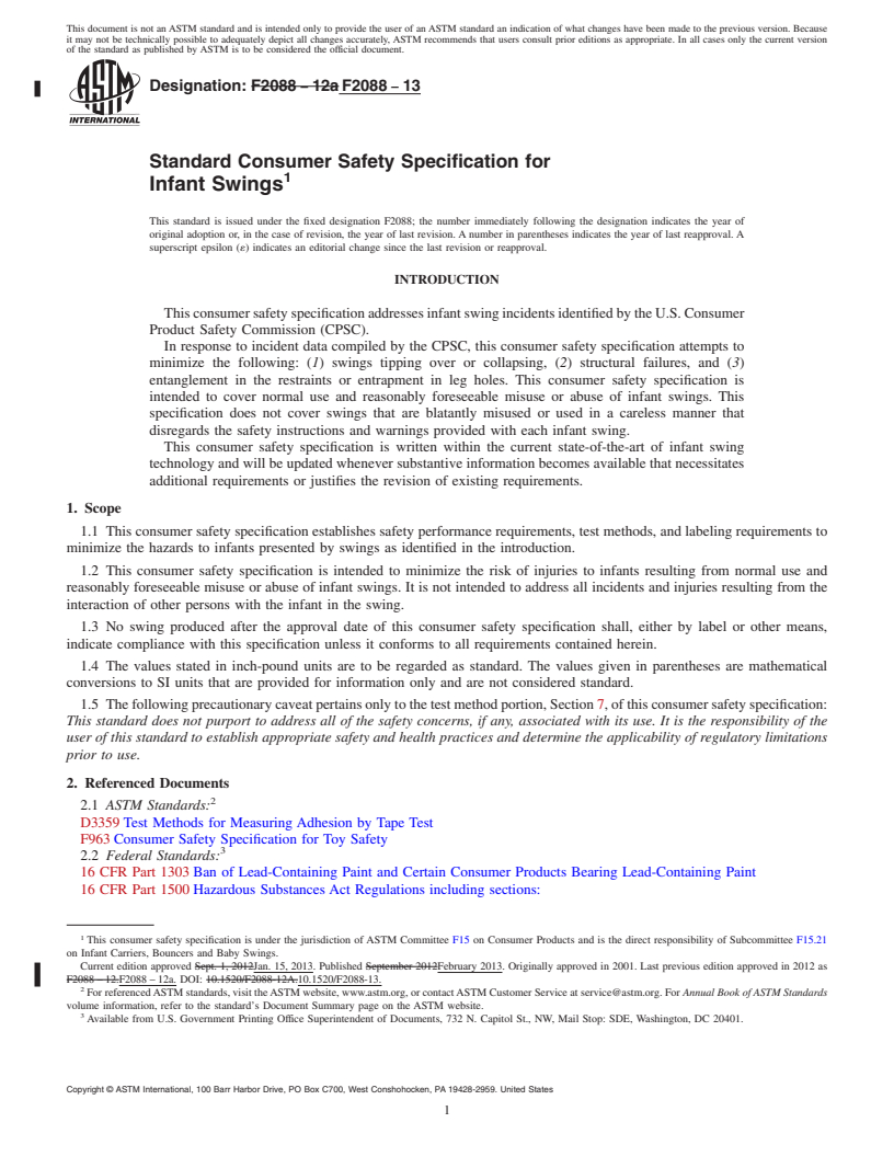 REDLINE ASTM F2088-13 - Standard Consumer Safety Specification for  Infant Swings