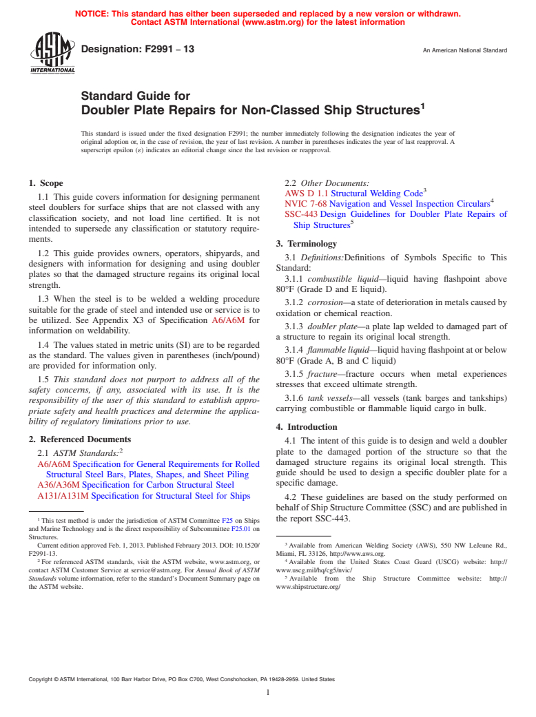 ASTM F2991-13 - Standard Guide for Doubler Plate Repairs for Non-Classed Ship Structures (Withdrawn 2021)