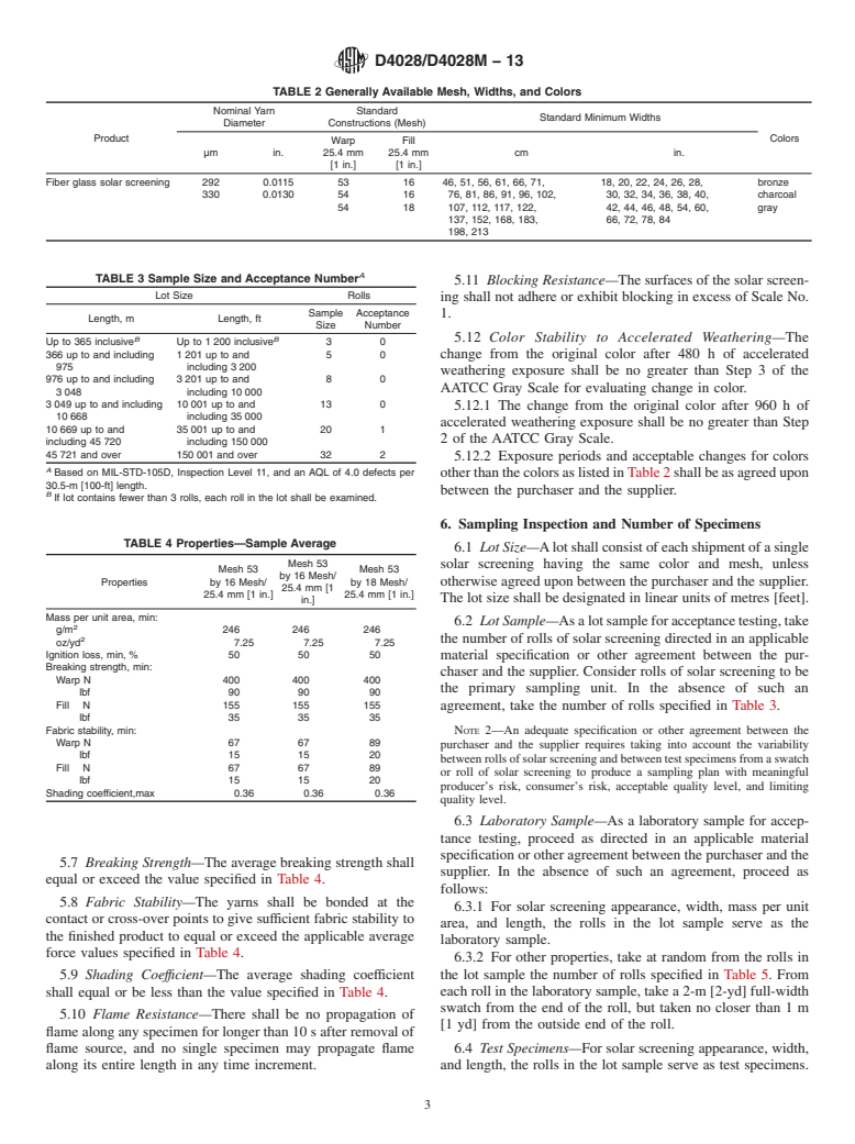 ASTM D4028/D4028M-13 - Standard Specification for Solar Screening Woven from Vinyl-Coated Fiber Glass Yarn