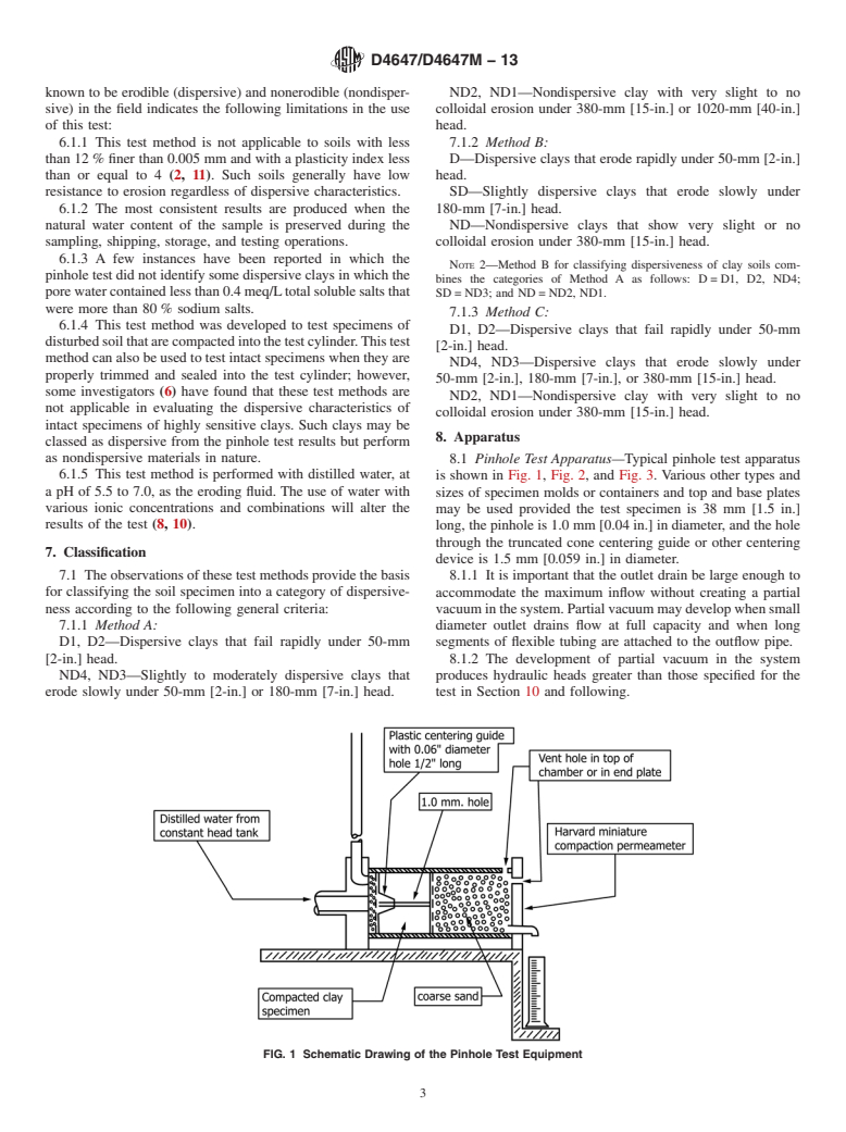 ASTM D4647/D4647M-13 - Standard Test Methods for Identification and Classification of Dispersive Clay Soils by the Pinhole Test