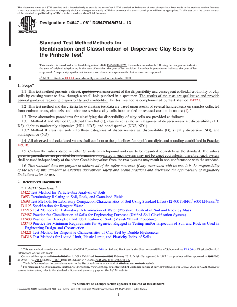 REDLINE ASTM D4647/D4647M-13 - Standard Test Methods for Identification and Classification of Dispersive Clay Soils by the Pinhole Test