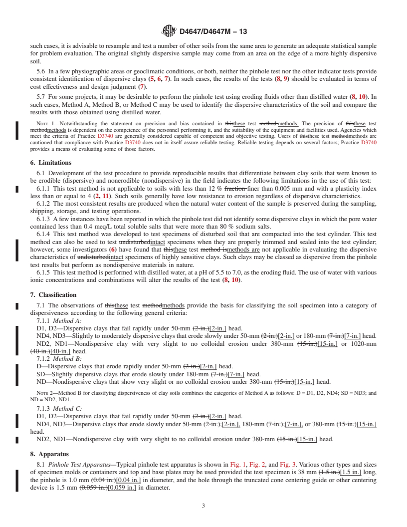 REDLINE ASTM D4647/D4647M-13 - Standard Test Methods for Identification and Classification of Dispersive Clay Soils by the Pinhole Test