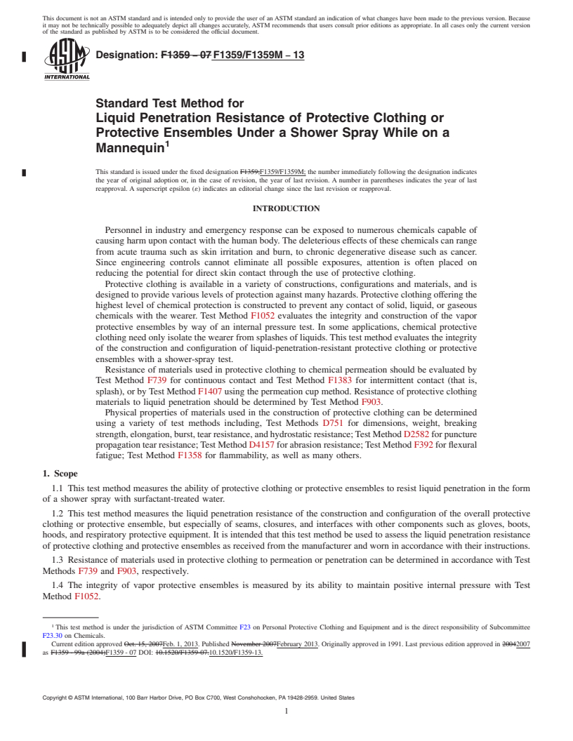 REDLINE ASTM F1359/F1359M-13 - Standard Test Method for Liquid Penetration Resistance of Protective Clothing or Protective Ensembles Under a Shower Spray While on a Mannequin