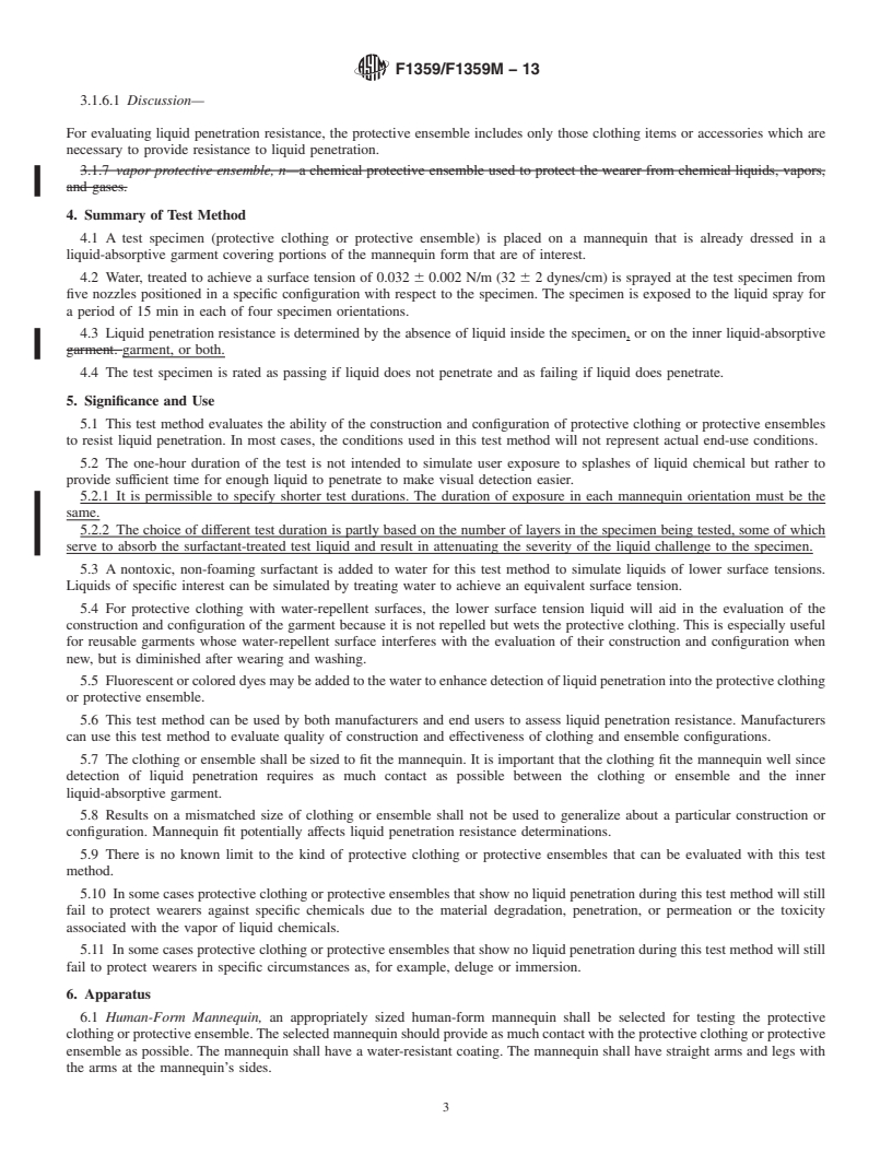 REDLINE ASTM F1359/F1359M-13 - Standard Test Method for Liquid Penetration Resistance of Protective Clothing or Protective Ensembles Under a Shower Spray While on a Mannequin