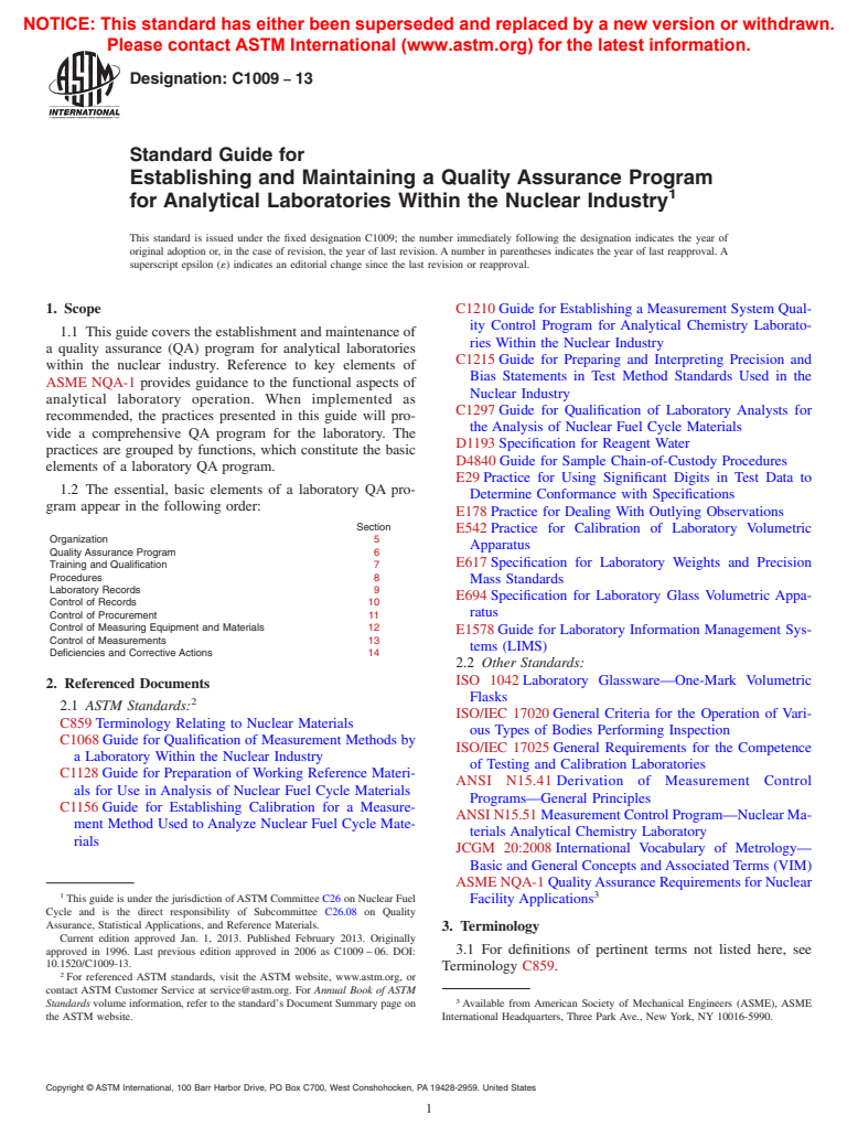 ASTM C1009-13 - Standard Guide for  Establishing and Maintaining a Quality Assurance Program for  Analytical Laboratories Within the Nuclear Industry