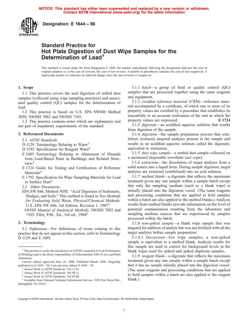 ASTM E1644-98 - Standard Practice for Hot Plate Digestion of Dust Wipe Samples for the Determination of Lead