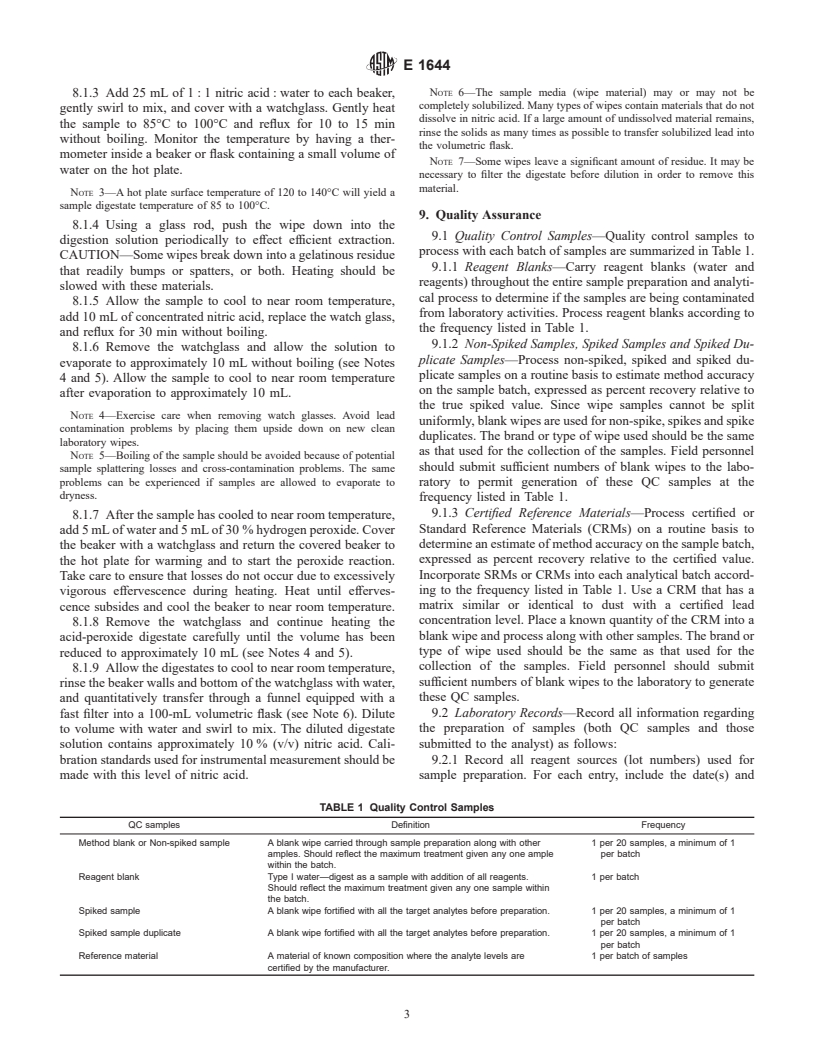 ASTM E1644-98 - Standard Practice for Hot Plate Digestion of Dust Wipe Samples for the Determination of Lead