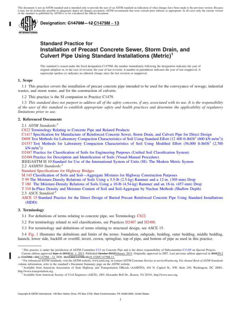 REDLINE ASTM C1479M-13 - Standard Practice for  Installation of Precast Concrete Sewer, Storm Drain, and Culvert   Pipe Using Standard Installations (Metric)