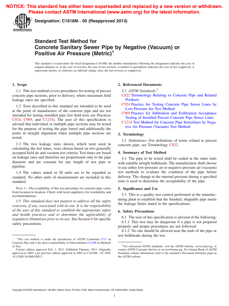 ASTM C1618M-05(2013) - Standard Test Method for  Concrete Sanitary Sewer Pipe by Negative (Vacuum) or Positive  Air Pressure  (Metric)