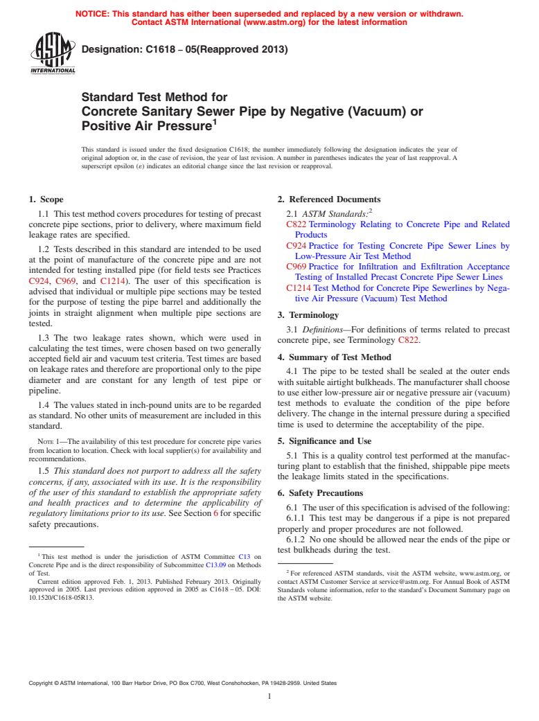 ASTM C1618-05(2013) - Standard Test Method for  Concrete Sanitary Sewer Pipe by Negative (Vacuum) or Positive  Air Pressure