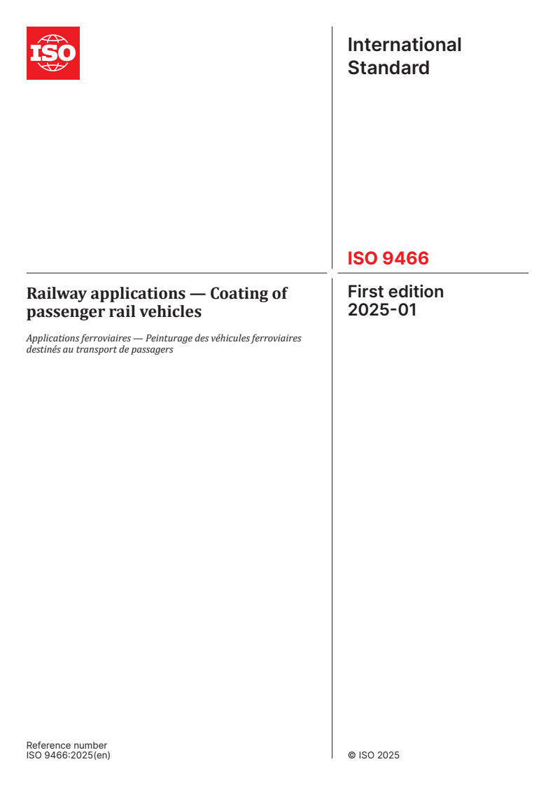 ISO 9466:2025 - Railway applications — Coating of passenger rail vehicles
Released:29. 01. 2025