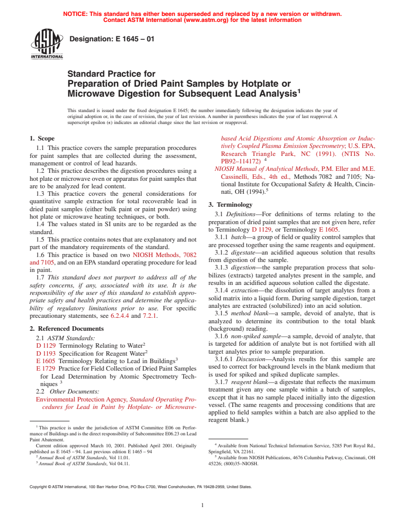 ASTM E1645-01 - Standard Practice for the Preparation of Dried Paint Samples by Hotplate or Microwave Digestion  for Subsequent Lead Analysis