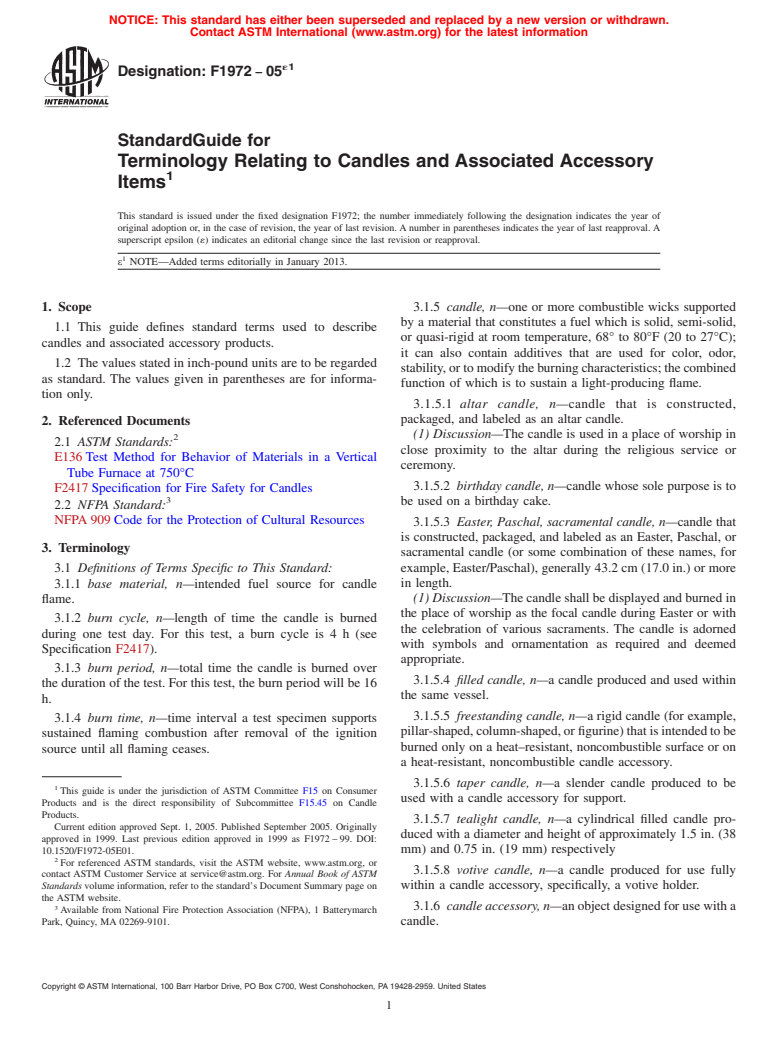 ASTM F1972-05e1 - Standard Guide for Terminology Relating to Candles and Associated Accessory Items