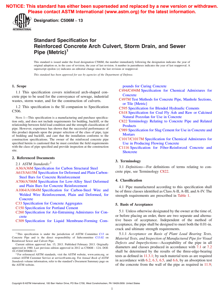 ASTM C506M-13 - Standard Specification for  Reinforced Concrete Arch Culvert, Storm Drain, and Sewer Pipe  (Metric)