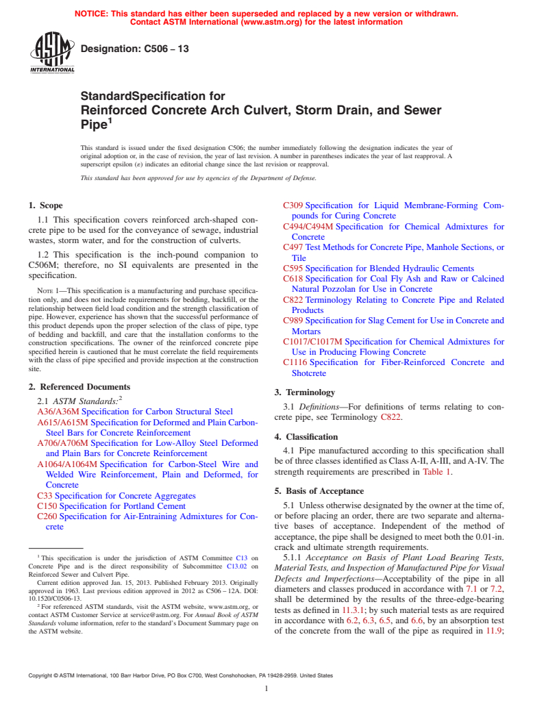 ASTM C506-13 - Standard Specification for  Reinforced Concrete Arch Culvert, Storm Drain, and Sewer Pipe