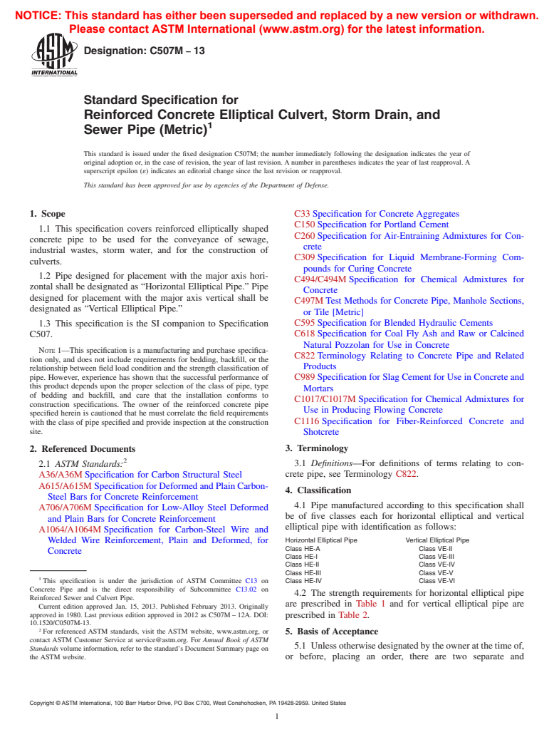 ASTM C507M-13 - Standard Specification for  Reinforced Concrete Elliptical Culvert, Storm Drain, and Sewer  Pipe (Metric)