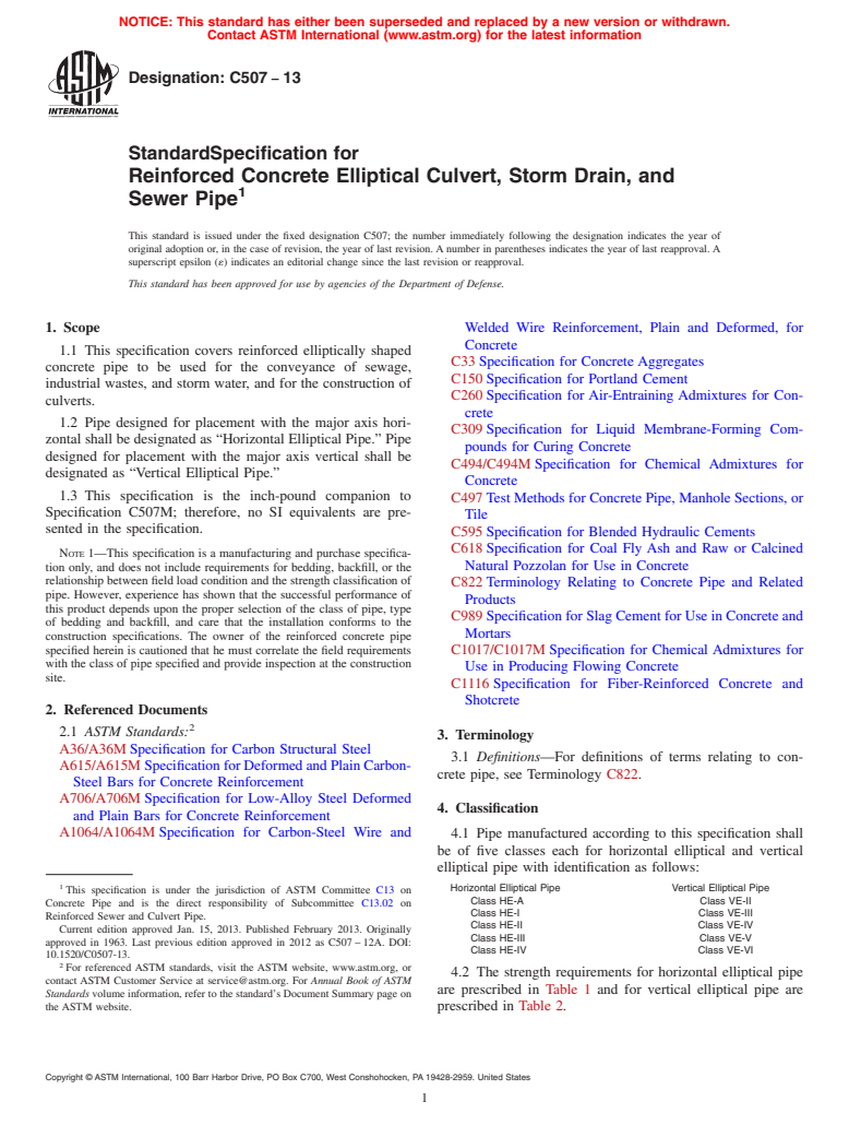 ASTM C507-13 - Standard Specification for  Reinforced Concrete Elliptical Culvert, Storm Drain, and Sewer  Pipe