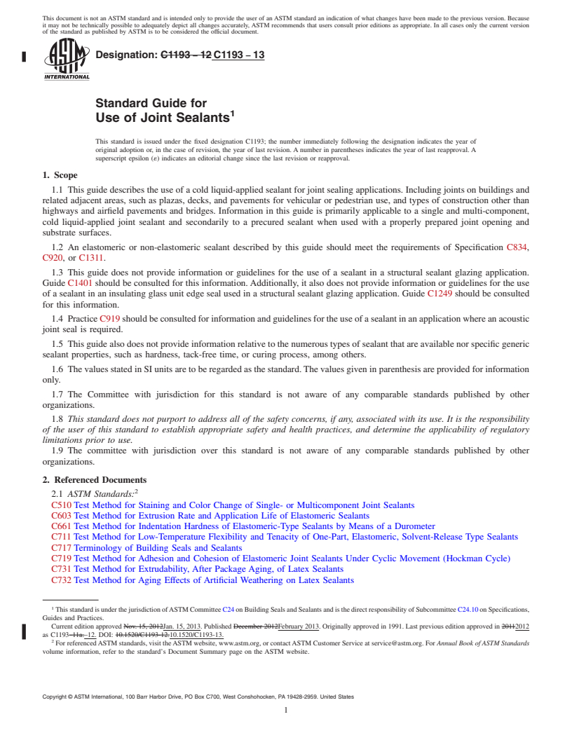 REDLINE ASTM C1193-13 - Standard Guide for  Use of Joint Sealants