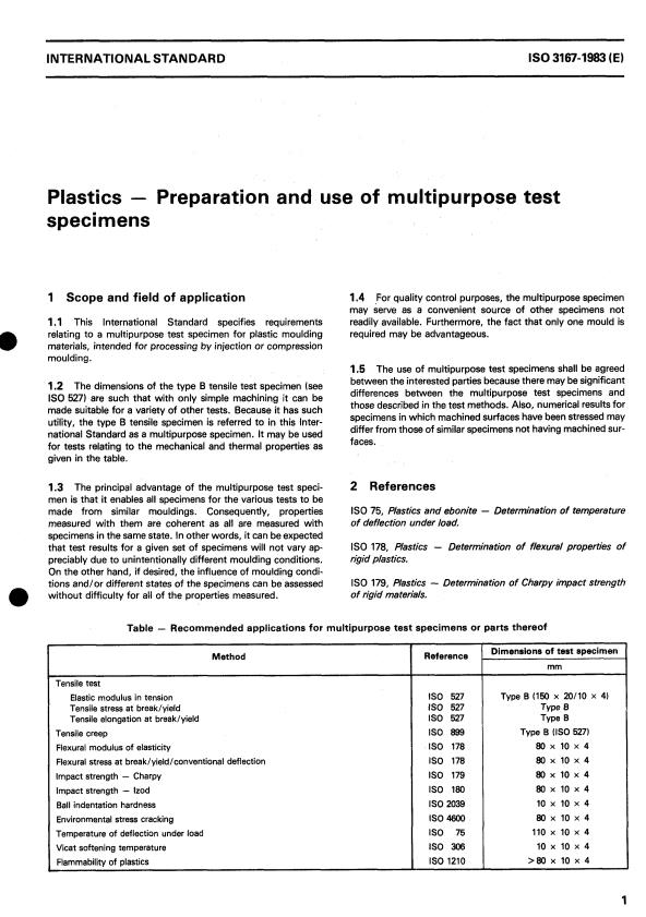 ISO 3167:1983 - Plastics -- Preparation and use of multipurpose test specimens