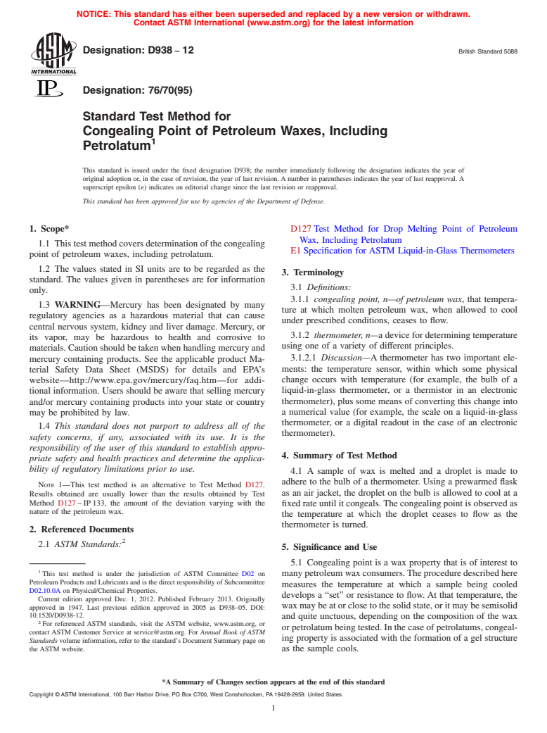 ASTM D938-12 - Standard Test Method for Congealing Point of Petroleum Waxes, Including Petrolatum