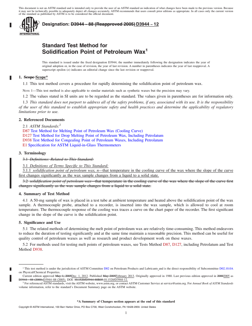 REDLINE ASTM D3944-12 - Standard Test Method for Solidification Point of Petroleum Wax