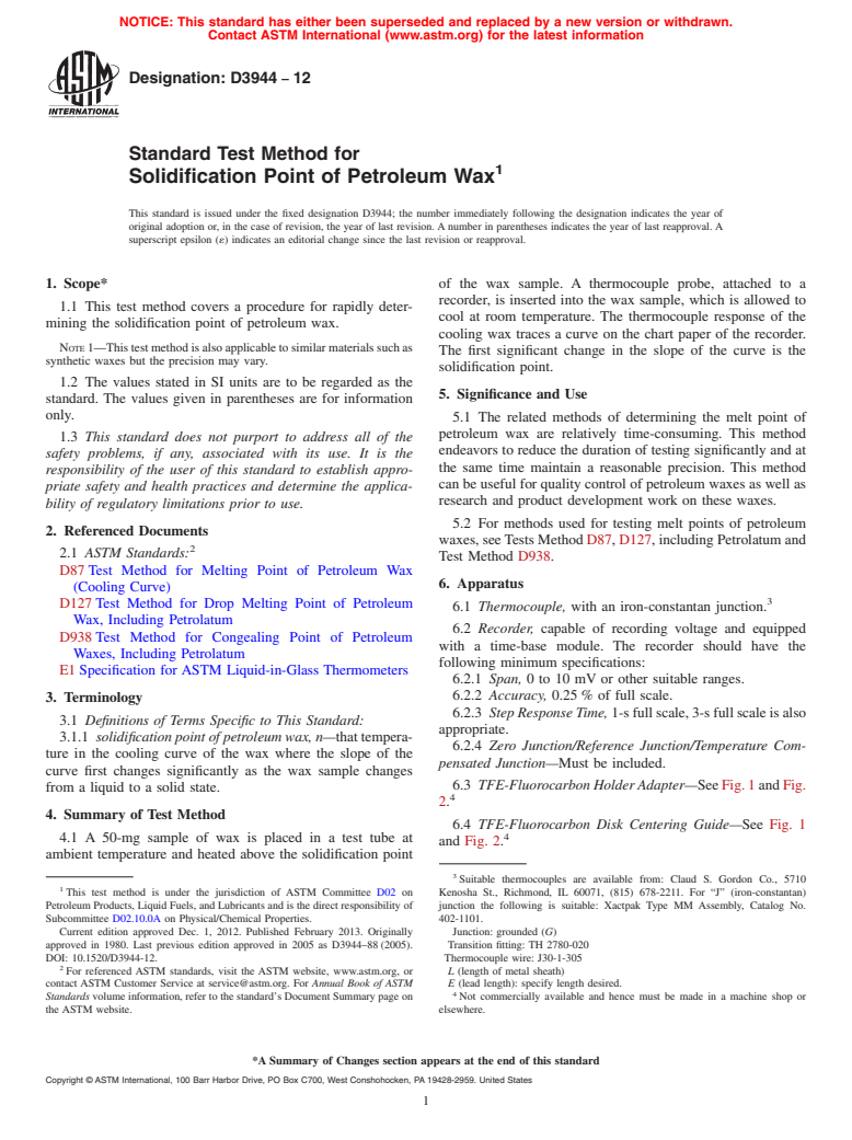 ASTM D3944-12 - Standard Test Method for Solidification Point of Petroleum Wax