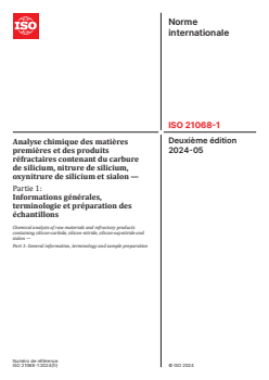 ISO 21068-1:2024 ISO 21068-1:2024 - Analyse chimique des matières premières et des produits réfractaires contenant du carbure de silicium, nitrure de silicium, oxynitrure de silicium et sialon — Partie 1: Informations générales, terminologie et préparation des échantillons
Released:3. 05. 2024 - Page 1 preview