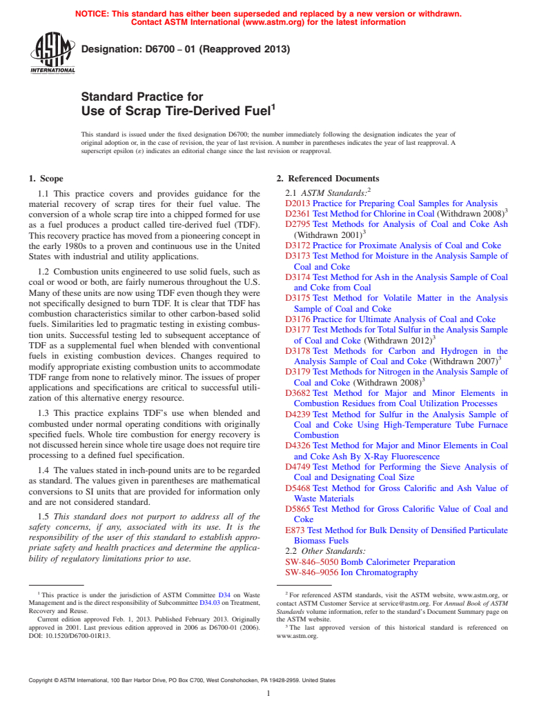 ASTM D6700-01(2013) - Standard Practice for  Use of Scrap Tire-Derived Fuel