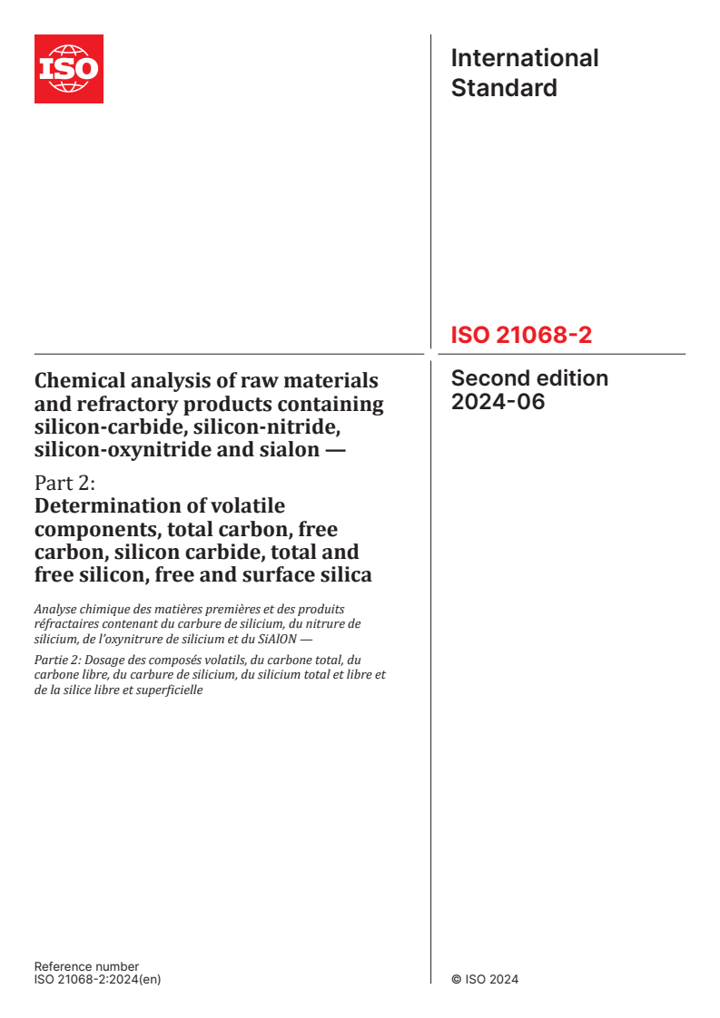ISO 21068-2:2024 - Chemical analysis of raw materials and refractory products containing silicon-carbide, silicon-nitride, silicon-oxynitride and sialon — Part 2: Determination of volatile components, total carbon, free carbon, silicon carbide, total and free silicon, free and surface silica
Released:10. 06. 2024