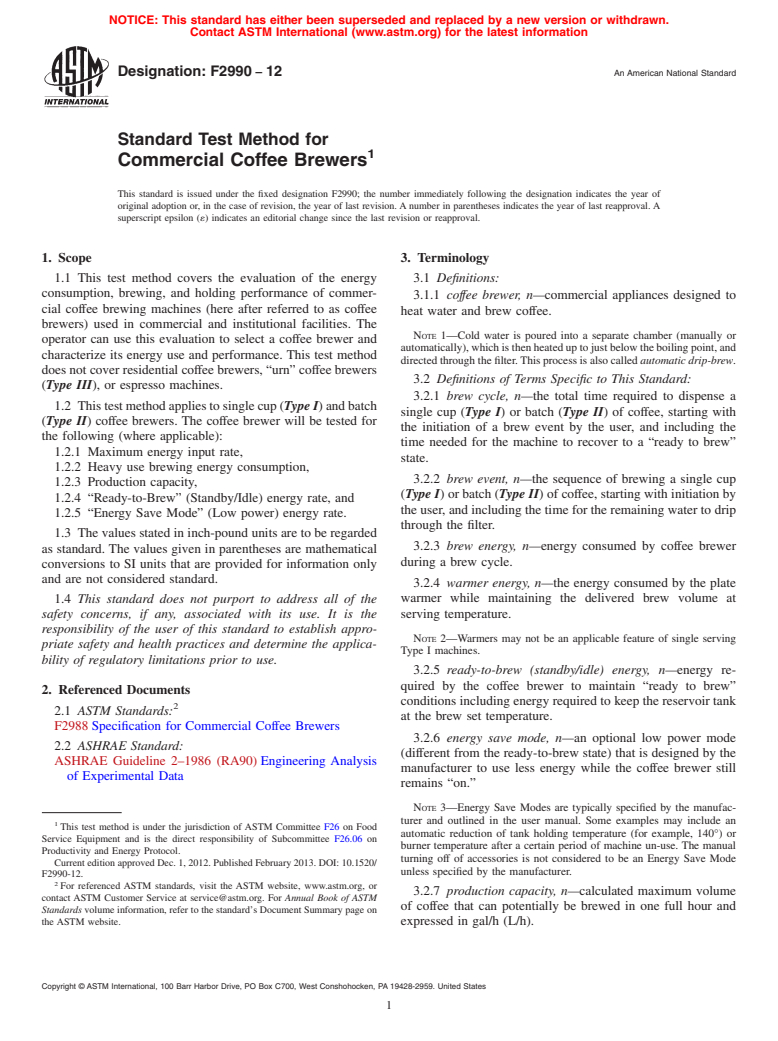 ASTM F2990-12 - Standard Test Method for Commercial Coffee Brewers