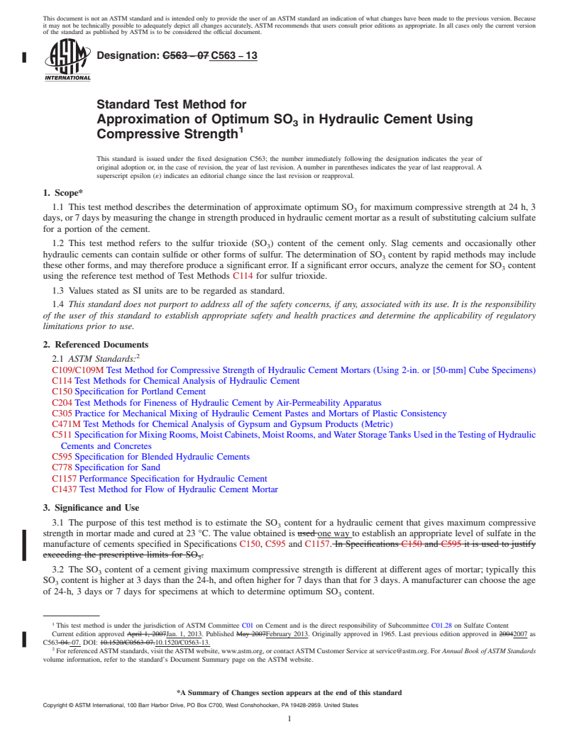 REDLINE ASTM C563-13 - Standard Test Method for  Approximation of Optimum SO<inf>3</inf> in Hydraulic Cement  Using Compressive Strength