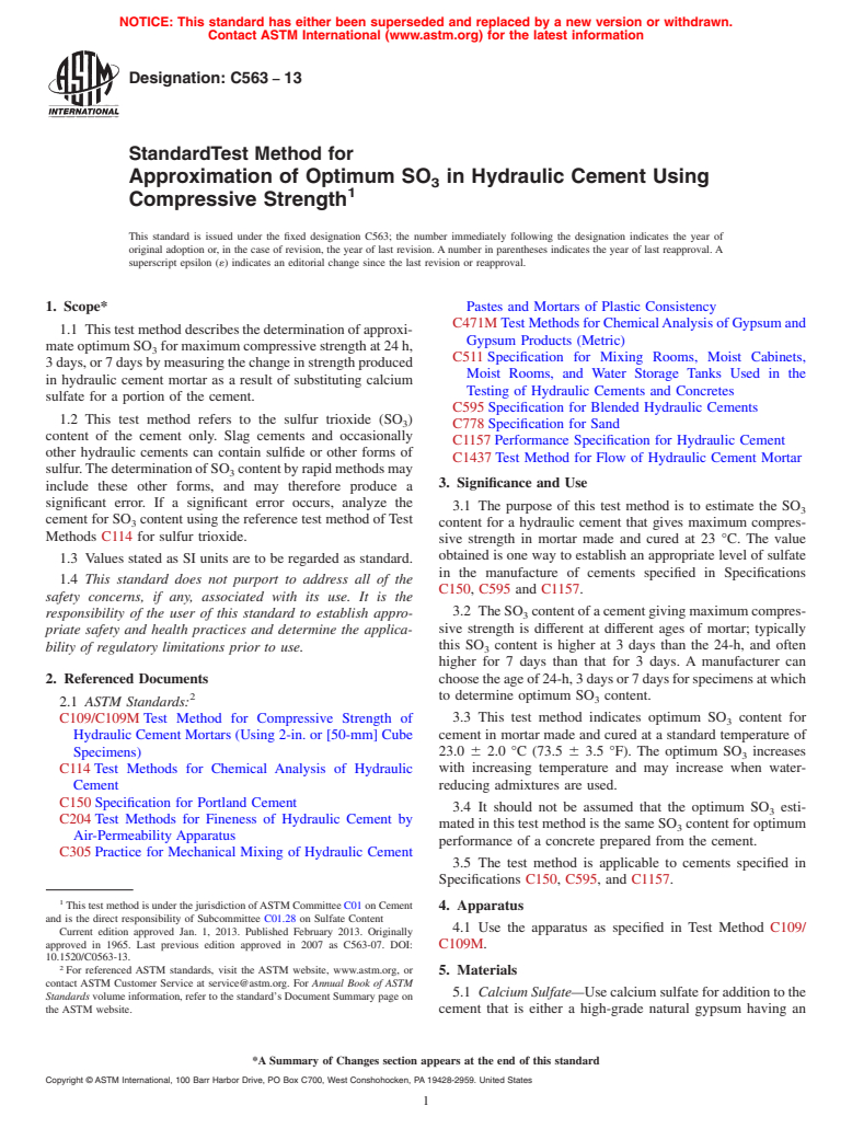 ASTM C563-13 - Standard Test Method for  Approximation of Optimum SO<inf>3</inf> in Hydraulic Cement  Using Compressive Strength