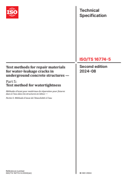 ISO/TS 16774-5:2024 ISO/TS 16774-5:2024 - Test methods for repair materials for water-leakage cracks in underground concrete structures — Part 5: Test method for watertightness
Released:16. 08. 2024 - Page 1 preview
