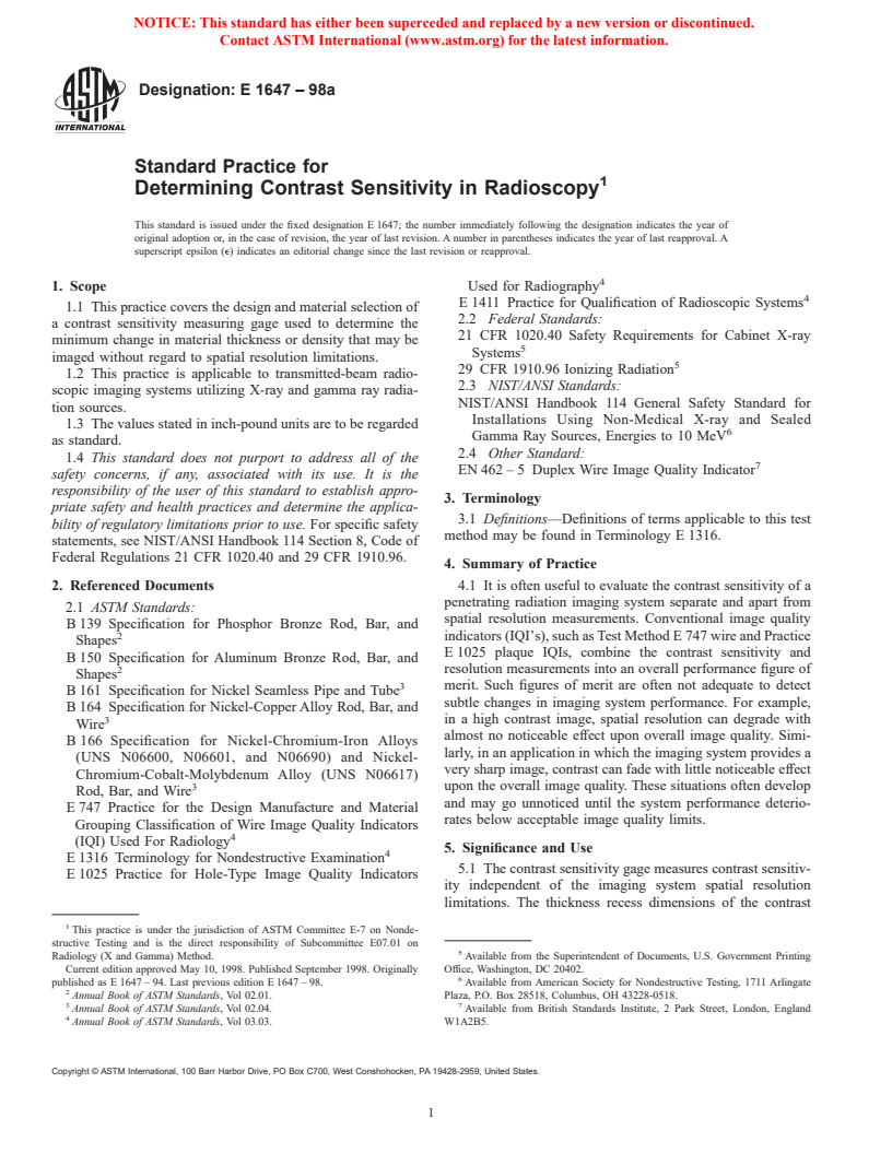 ASTM E1647-98a - Standard Practice for Determining Contrast Sensitivity in Radioscopy