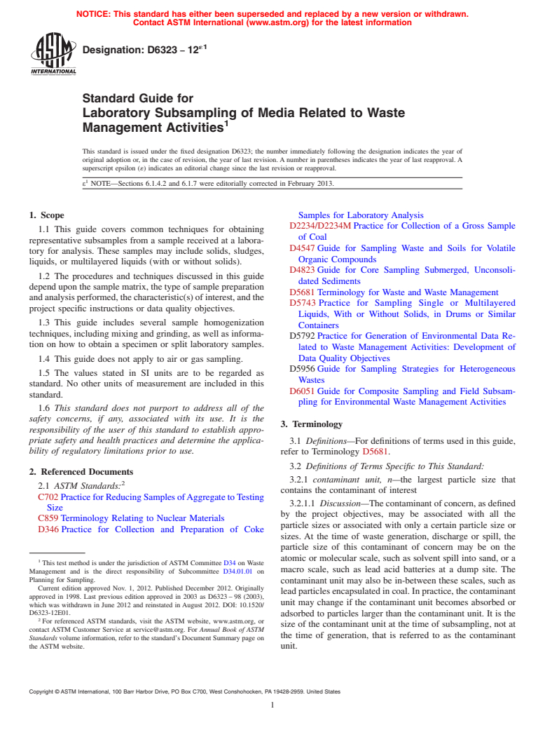 ASTM D6323-12e1 - Standard Guide for Laboratory Subsampling of Media Related to Waste Management  Activities (Withdrawn 2018)