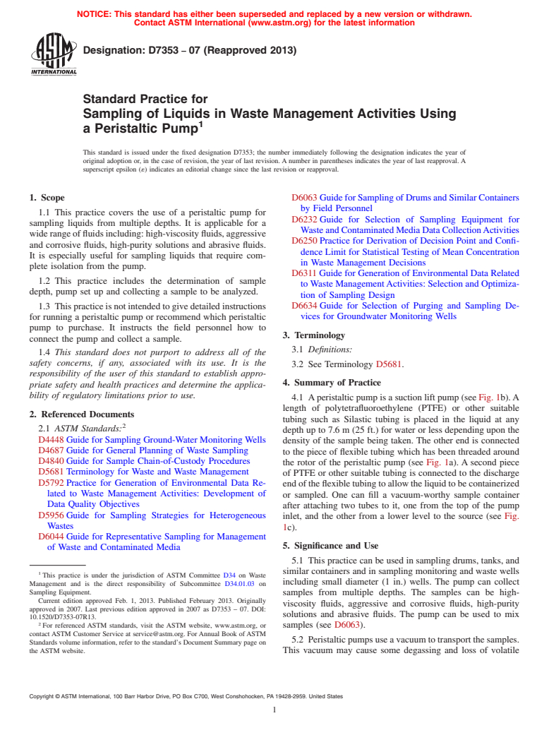 ASTM D7353-07(2013) - Standard Practice for  Sampling of Liquids in Waste Management Activities Using a  Peristaltic Pump