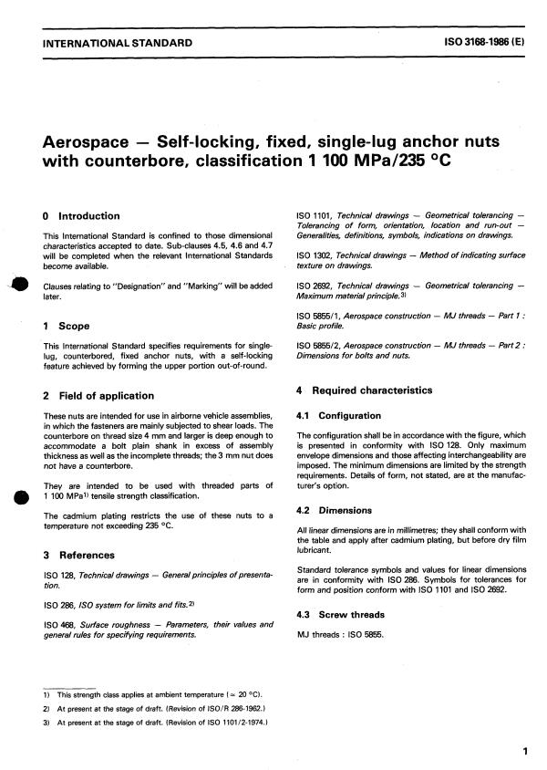 ISO 3168:1986 - Aerospace -- Self-locking, fixed, single-lug anchor nuts with counterbore, classification 1 100 MPa/235 degrees C