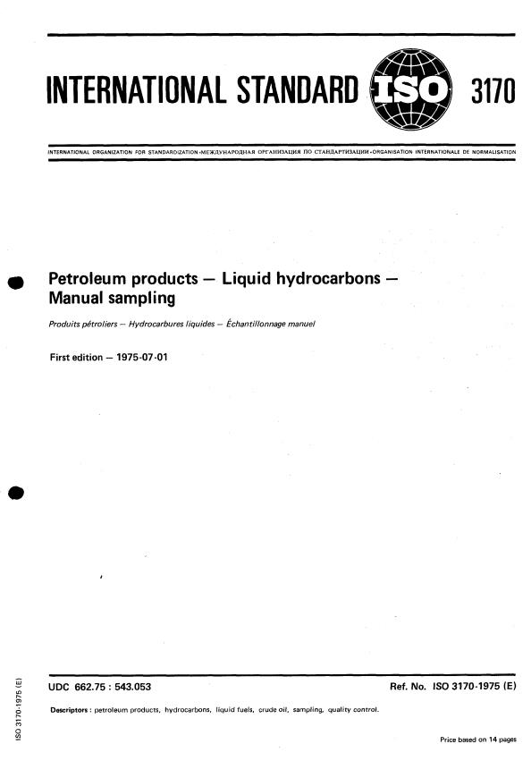 ISO 3170:1975 - Petroleum products -- Liquid hydrocarbons -- Manual sampling