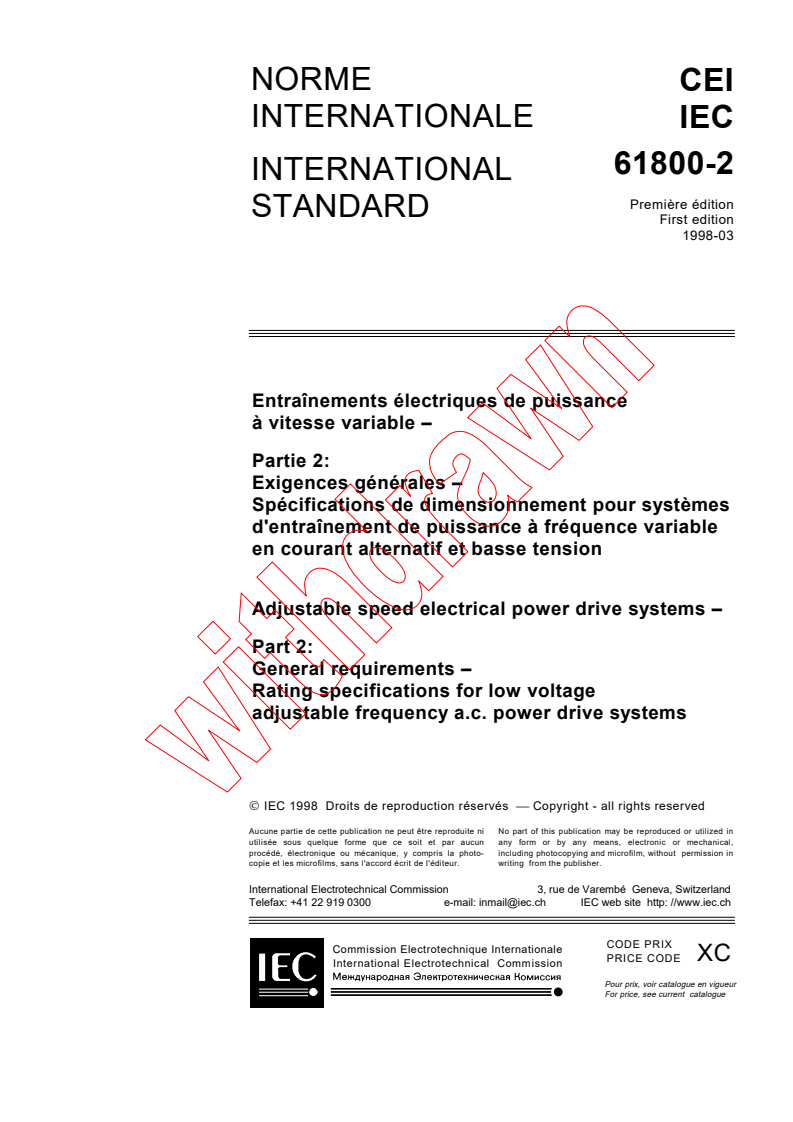 IEC 61800-2:1998 - Adjustable speed electrical power drive systems - Part 2: General requirements - Rating specifications for low voltage adjustable frequency a.c. power drive systems
Released:3/20/1998
Isbn:283184231X