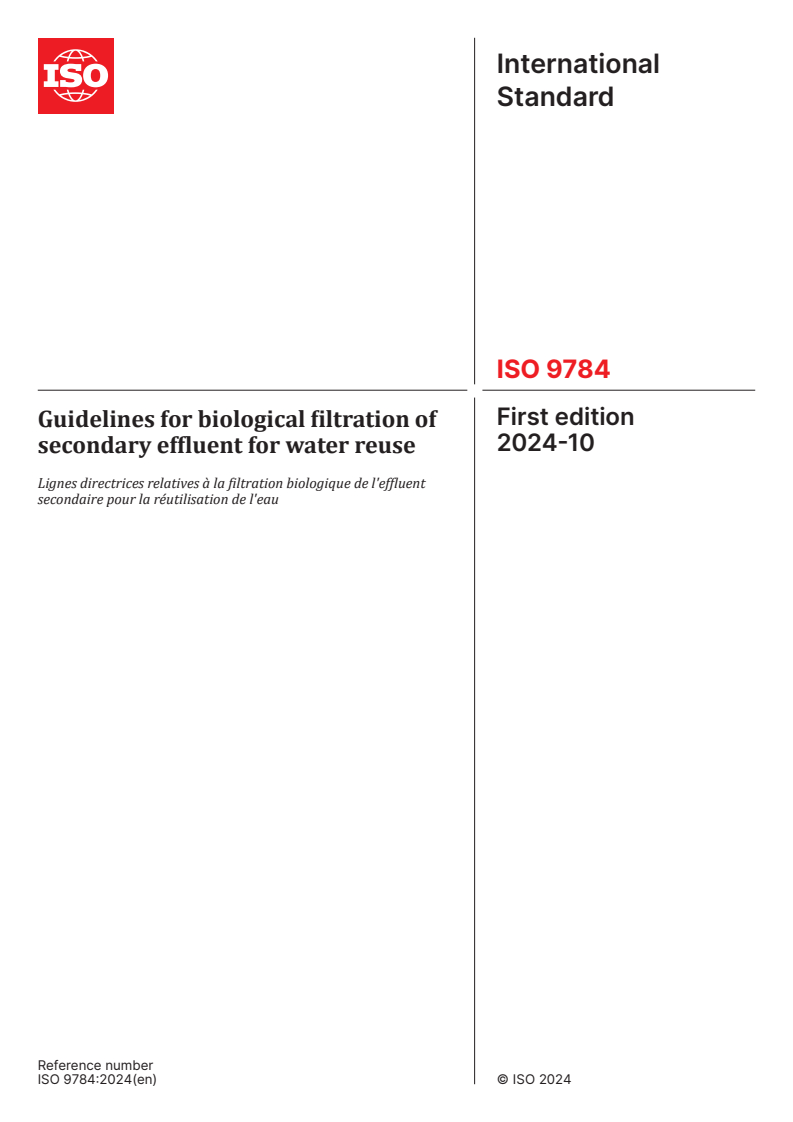 ISO 9784:2024 - Guidelines for biological filtration of secondary effluent for water reuse
Released:10/28/2024