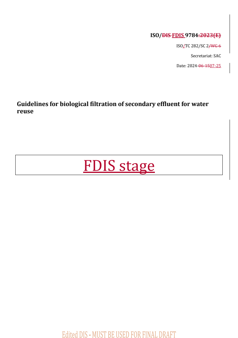 REDLINE ISO/FDIS 9784 - Guidelines for biological filtration of secondary effluent for water reuse
Released:25. 07. 2024