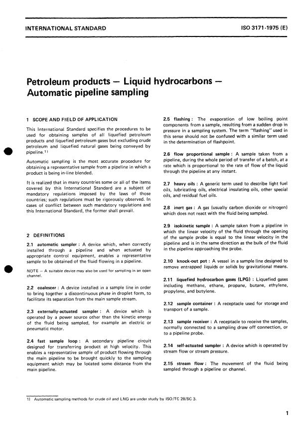 ISO 3171:1975 - Petroleum products -- Liquid hydrocarbons -- Automatic pipeline sampling
