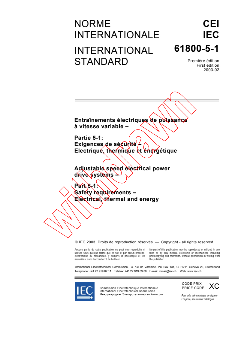 IEC 61800-5-1:2003 - Adjustable speed electrical power drive systems - Part 5-1: Safety requirements - Electrical, thermal and energy
Released:2/13/2003
Isbn:2831868424