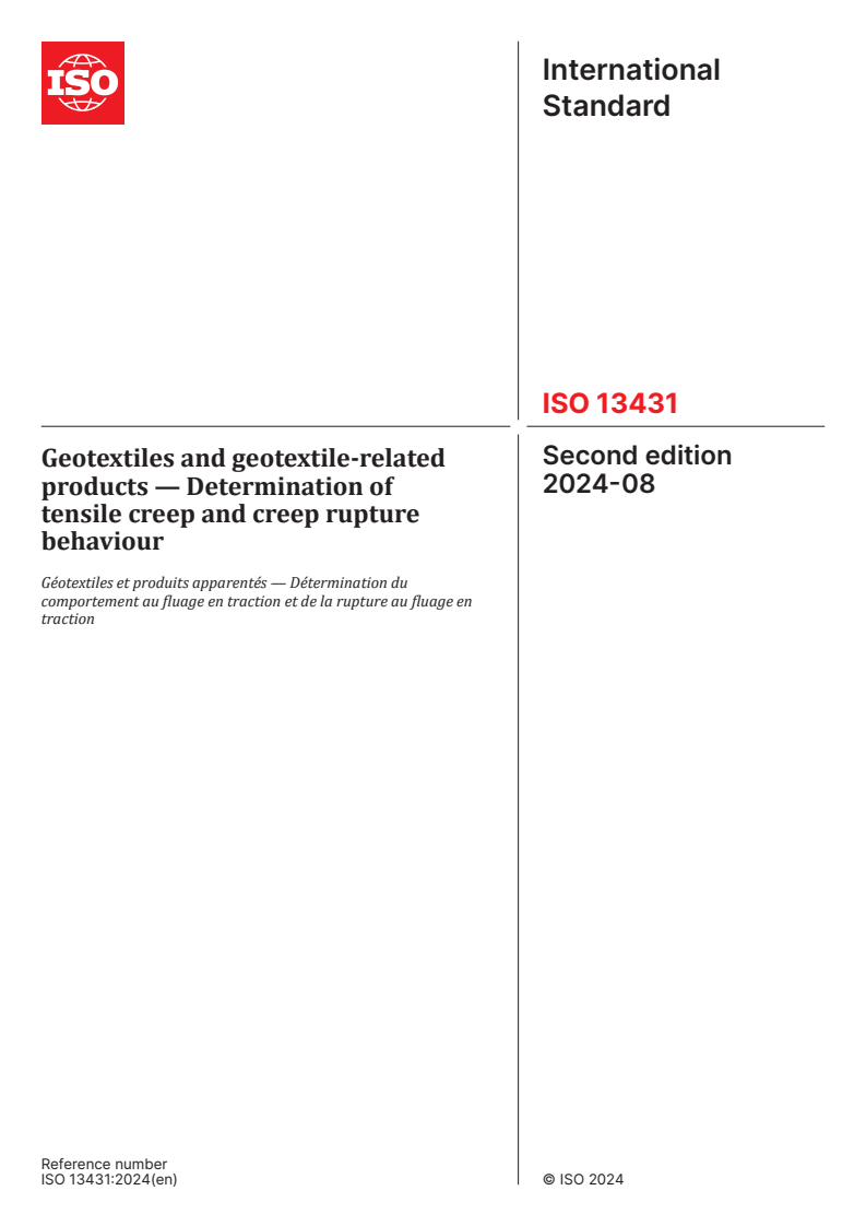 ISO 13431:2024 - Geotextiles and geotextile-related products — Determination of tensile creep and creep rupture behaviour
Released:6. 08. 2024