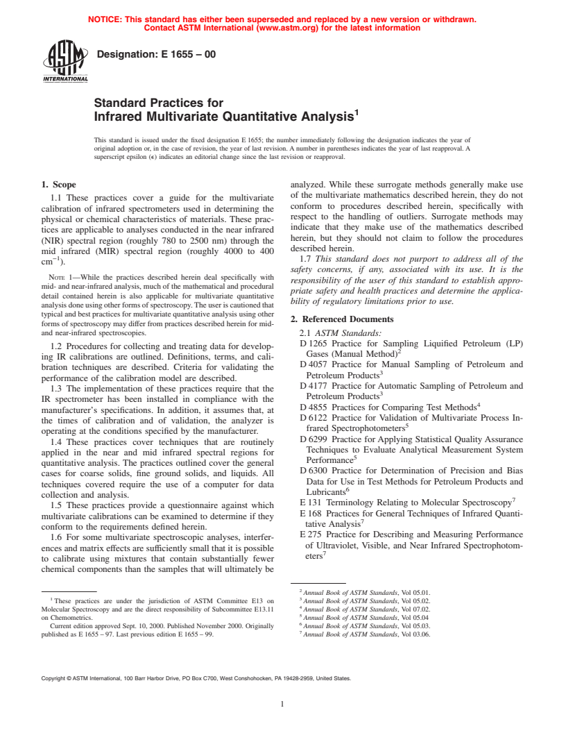 ASTM E1655-00 - Standard Practices for Infrared Multivariate Quantitative Analysis